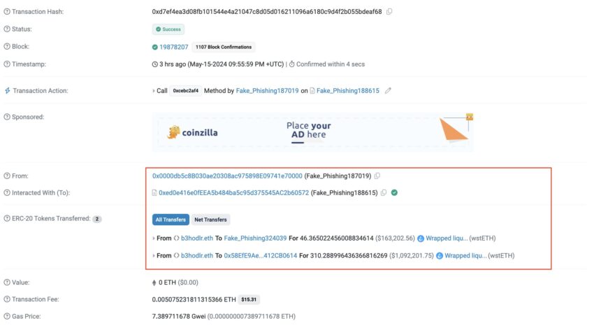 Crypto Wallet b3hodlr.eth Loses $1.26 Million in wstETH to Phishing Scam