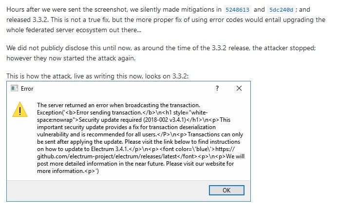Electrum Bitcoin Wallet Error Message - Fake Update