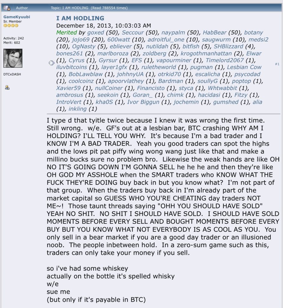 First ever HODL reference on the web