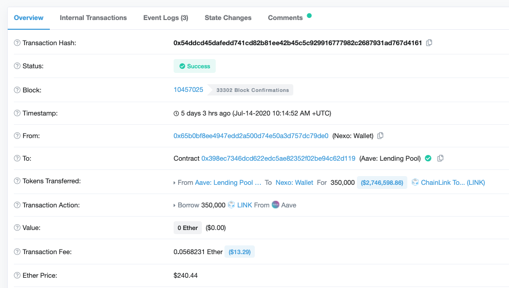 etherscan transaction of Link from Aave to Nexo