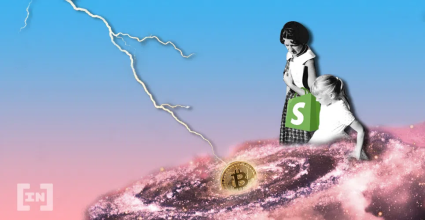 Shopify Logo auf einer Tragetasche einer Frau die mit ihrem Kind in einer Galaxz steht. Im Zentrum der Galaxie ist eine Bitcoin Münze die vom Blitz getroffen wird. Spotify ist eine der Web3 einführenden Unternehmen die im Artikel beschrieben werden.