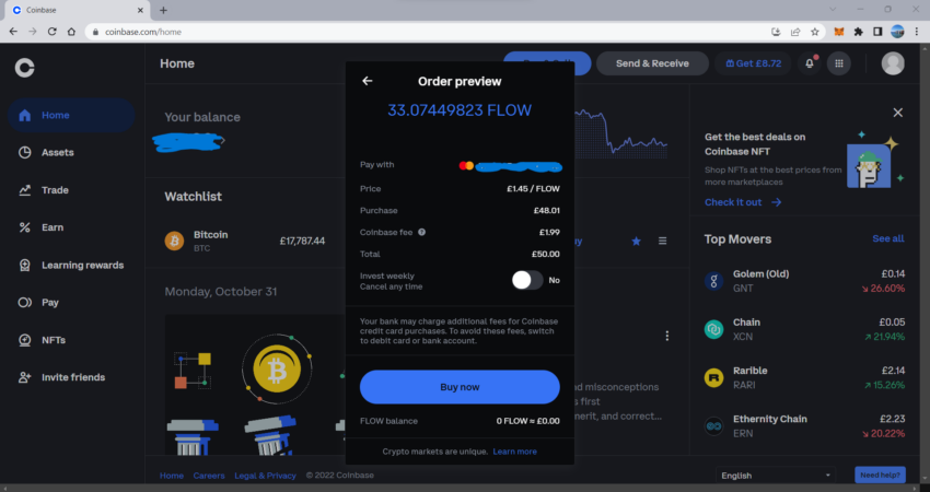 Complete a purchase of FLOW on Coinbase.
