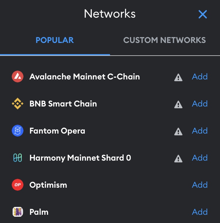 MetaMask Network selection