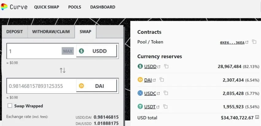 Curve DeFi Swapping USDD DAI Image From Curve.fi