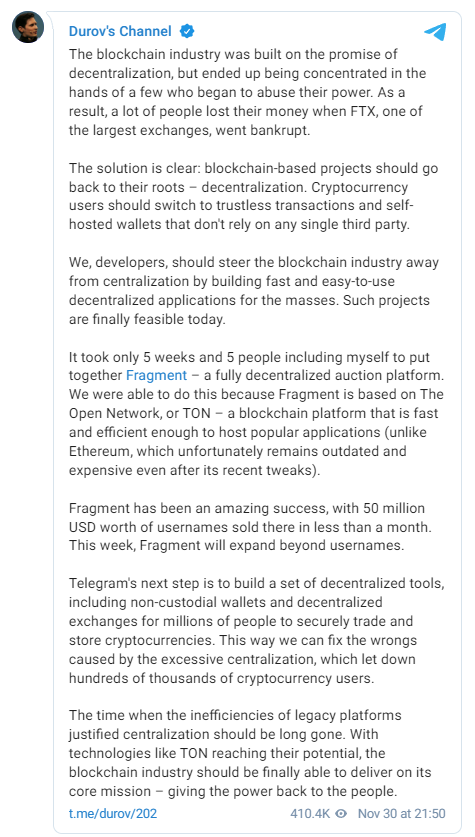 Telegram founder Pavel Durov talk about decentralization and Telegram decentralized tools 