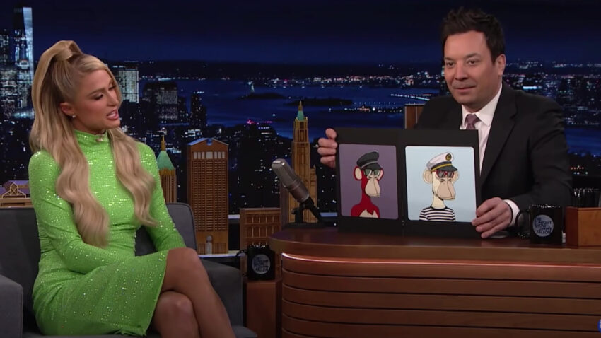 Jimmy Fallon and Paris Hilton compare their Bored Ape NFTs.
