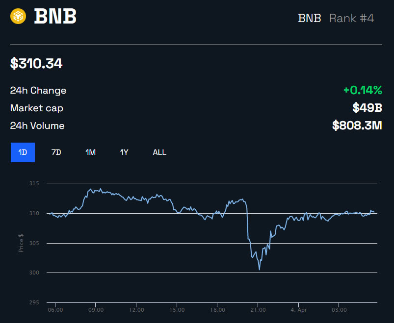 BNB/USD 24 hours - BeInCrypto Changpeng Zhao Binance