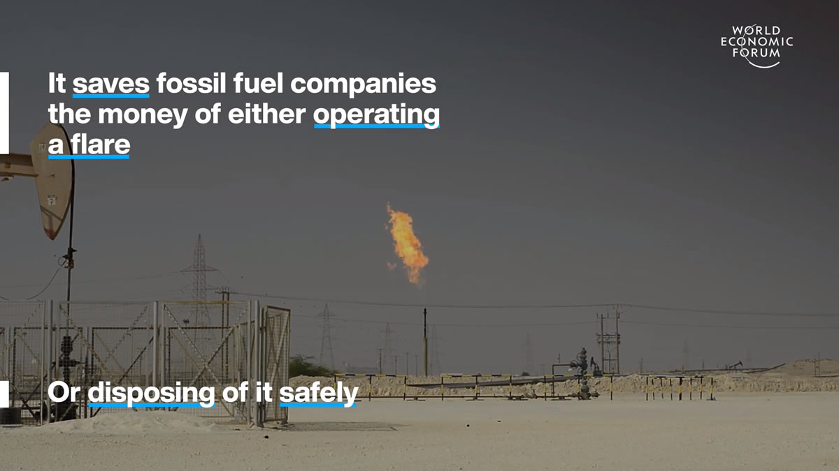 Screenshot from WEF video explaining benefits of reusing flare gas to power operations like Bitcoin mining | weforum.org