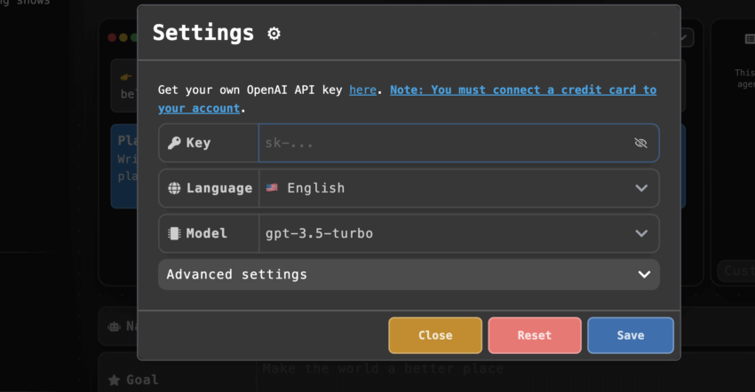 Setting the AgentGPT key: AgentGPT