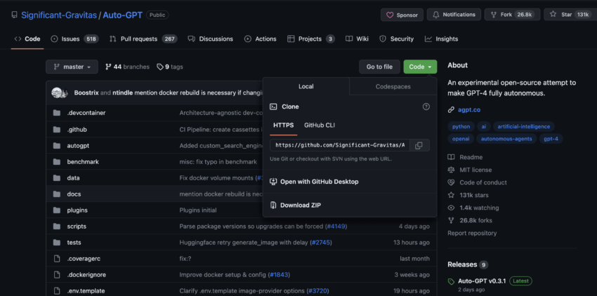 Git repo Auto-GPT code: GitHub