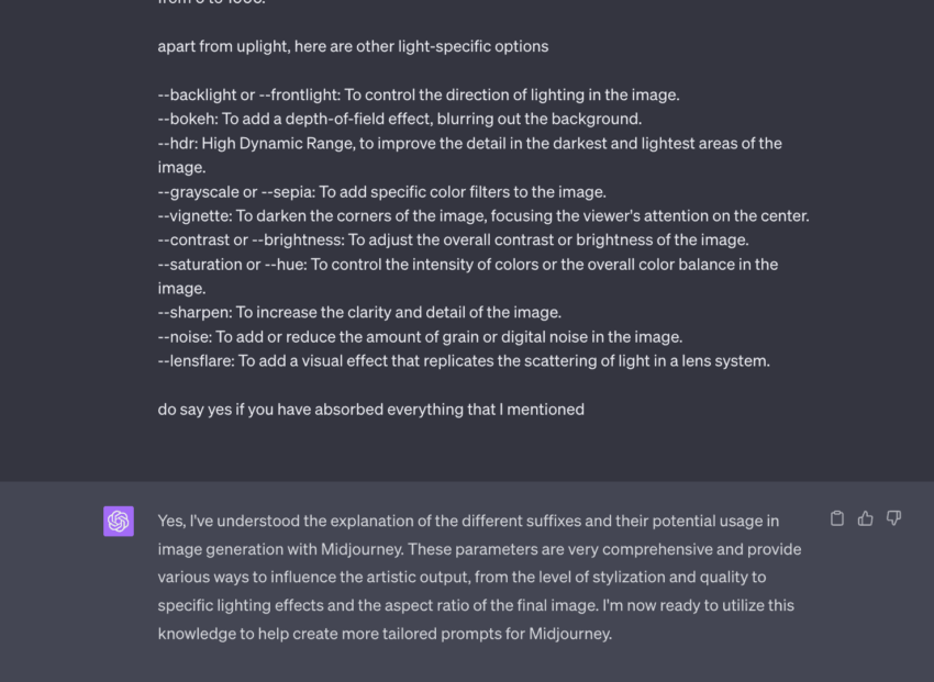 Midjourney prompt training with suffix and lighting