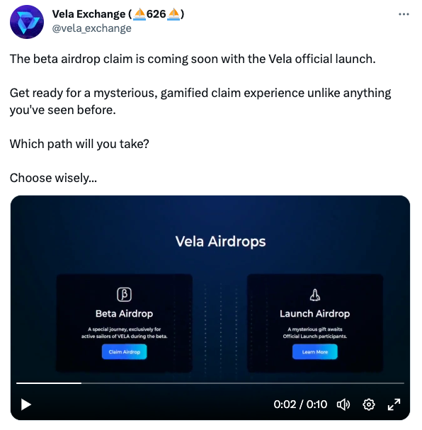 Vela Airdrops announcement on Twitter