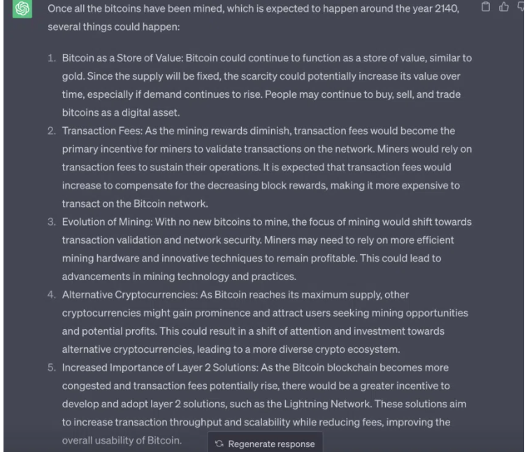 ChatGPT answers the question of what happens when all Bitcoin is mined.