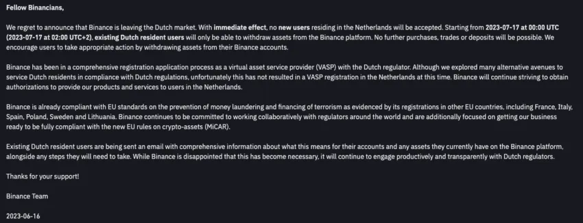 Binance press release announcing withdrawal from the Netherlands