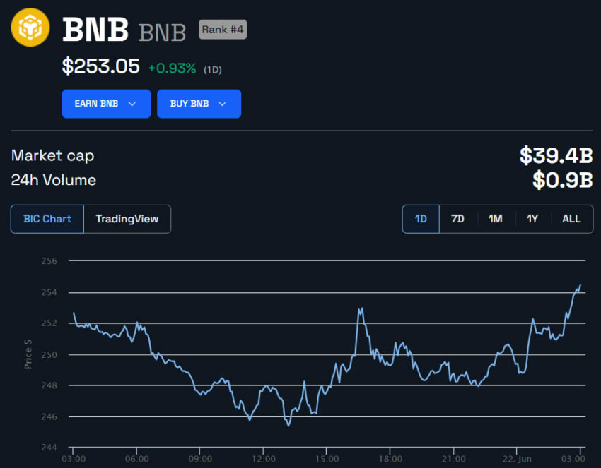 BNB Price in USD 24 hours. Source: BeInCrypto