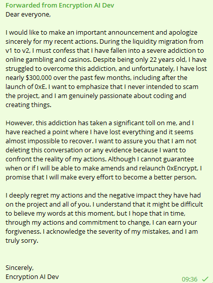 Message from Encryption AI Developer. Source: Twitter/Bulla