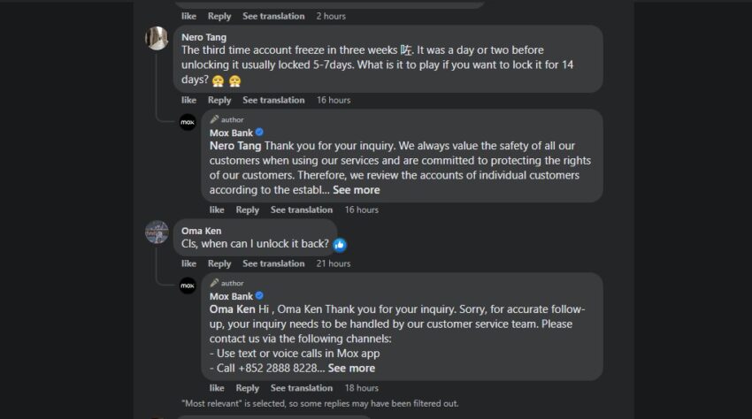 Frustrated Customers Using Social Media to React. Source: Facebook/Mox Bank
