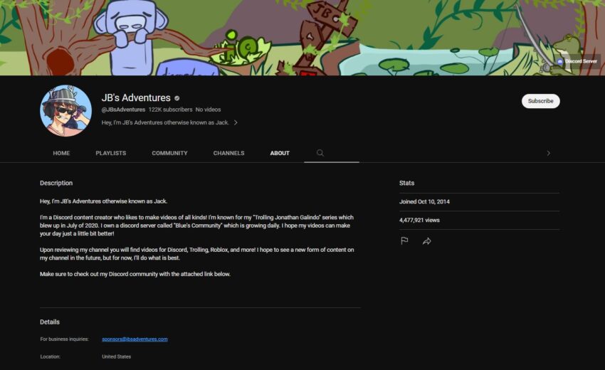 Blue's YouTube Channel. Source: YouTube/ JB's Adventure