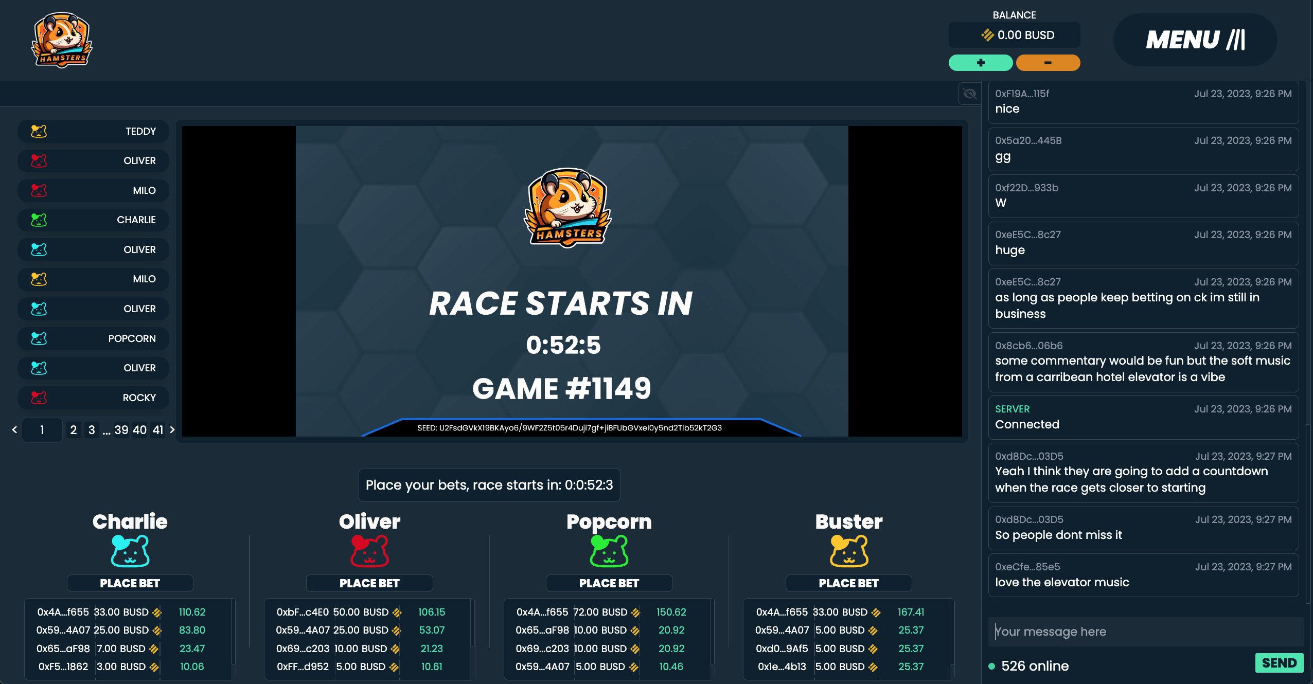 Screenshot from hamster betting interface. Source: Twitter/@hamsters_gg