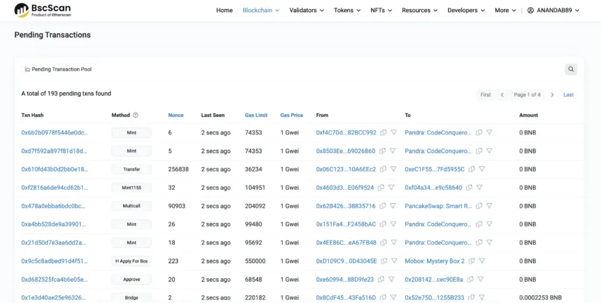 Pending transactions on BscScan