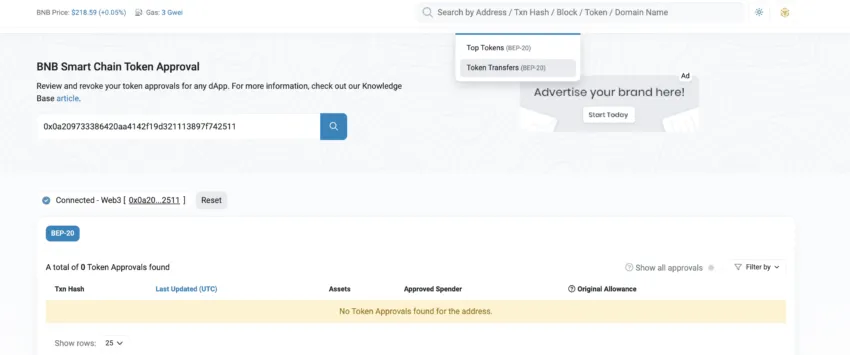 BNB Smart Chain with wallet connected