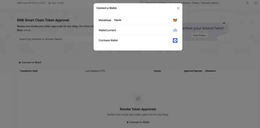 Connect wallet: BscScan