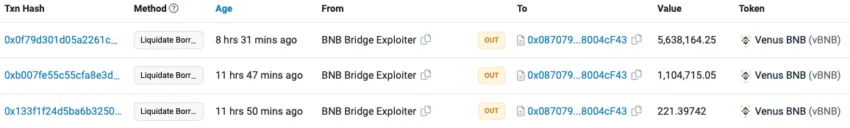 Venus Protocol Liquidates Three Loans Taken Out By BNB Hacker.