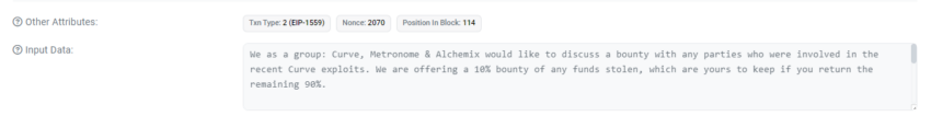 Unencrypted on-chain message from Curve Finance to Hacker. Source: Etherescan