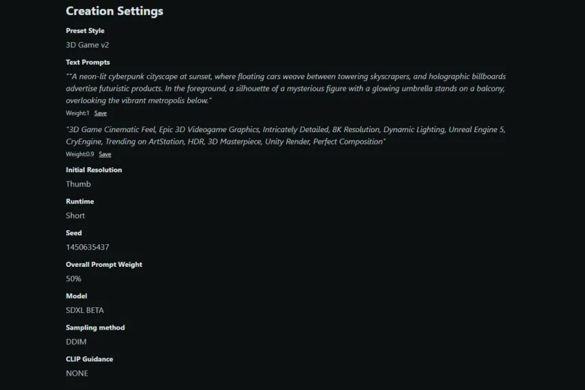 creation settings nightcafe