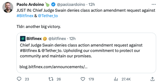 Tether CTO Paolo Ardoino celebrated recent win but faces imminent deposition.