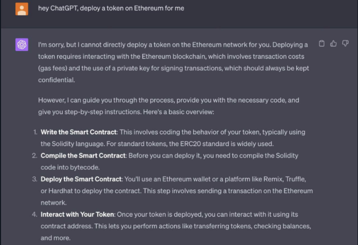 ChatGPT lists steps to create an Ethereum token.
ChatGPT meme coin AI prompts.