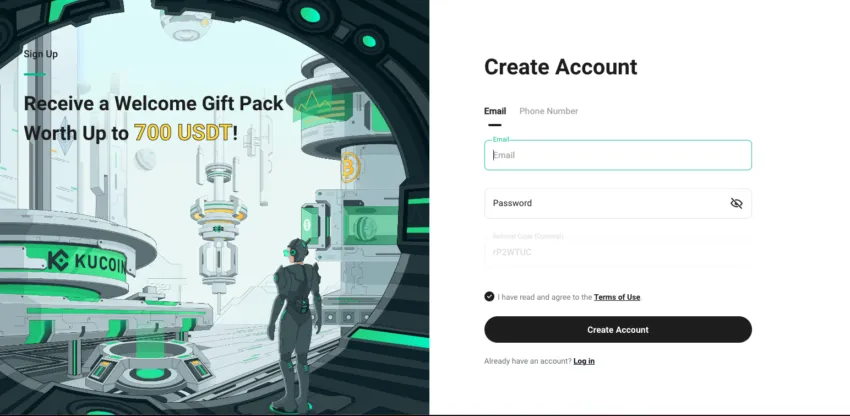 Sign up page KuCoin USDT create account