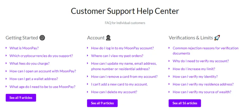 customer support center MoonPay