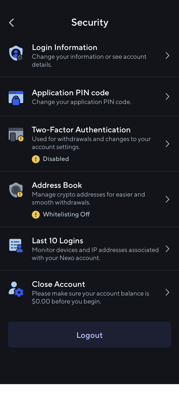 nexo security options