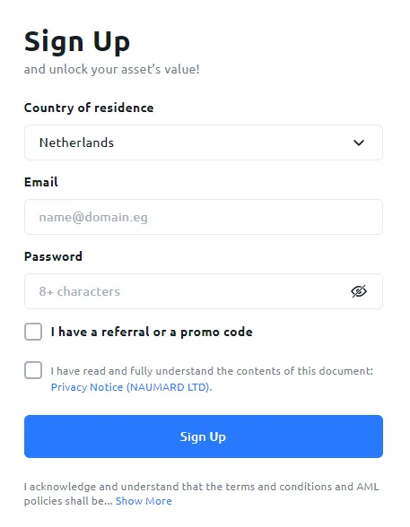 Sign up page YouHodler crypto buy new account