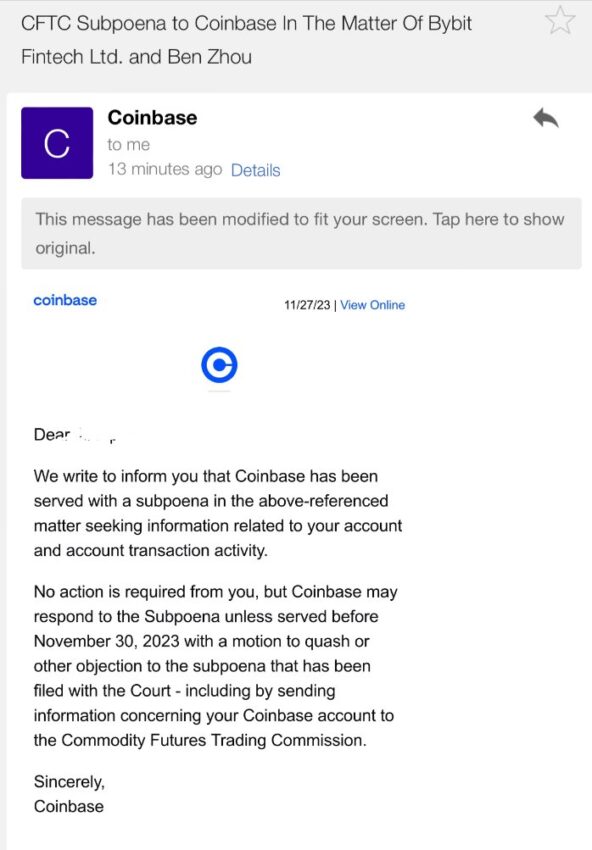 Screenshot dall'e-mail di Coinbase. Fonte: X/@TomCrownCrypto