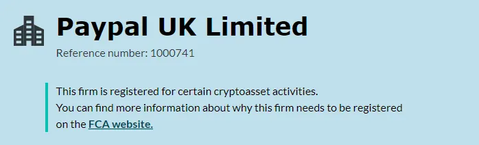 PayPal UK registered for certain cryptoasset activities. Source: FCA