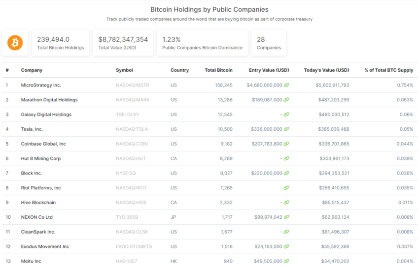 Bitcoin Holding by Public Company Ranking. Source: CoinGecko