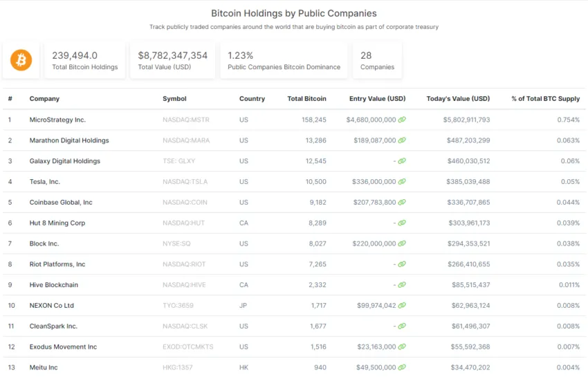 Bitcoin Holding by Public Company Ranking. Source: CoinGecko