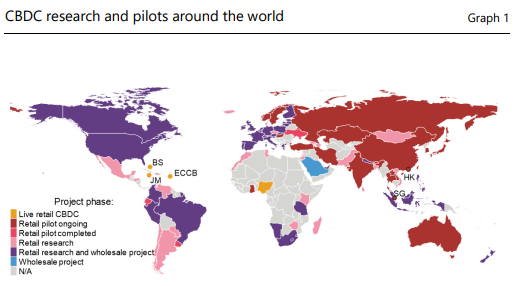 Ricerca CBDC e progetti pilota in tutto il mondo. Fonte: BRI