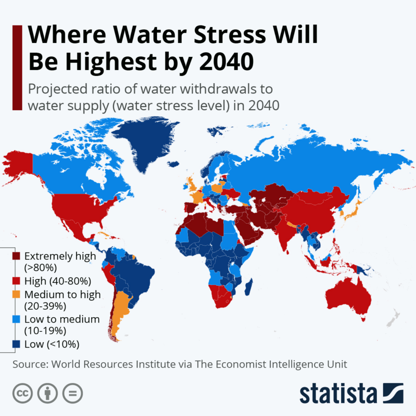 Dove lo stress idrico sarà massimo entro il 20240. Fonte: World Resource Institute tramite The Economist/Statista