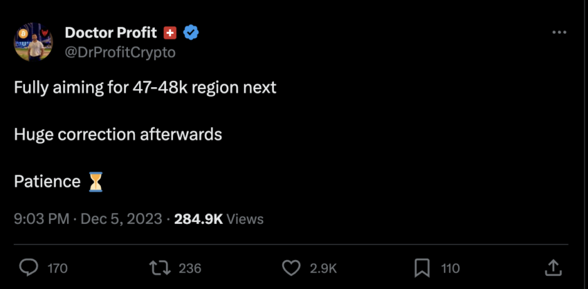 Doctor Profit predicts a huge Bitcoin correction after testing $47,000 region. Source: X (Twitter)