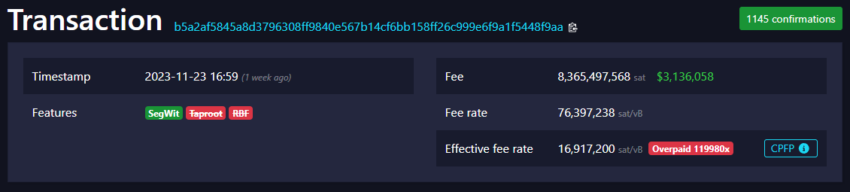 Il Block Explorer di Bitcoin mostra una commissione di 3,1 milioni di dollari pagata dal mittente. Fonte: Mempool.Space