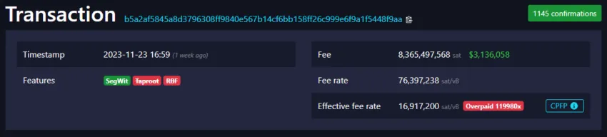 Bitcoin block explorer shows $3.1 million fee paid by sender. Source: Mempool.Space