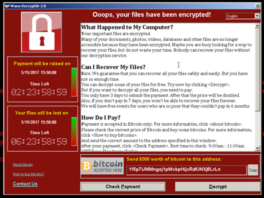 ramsonware de Bitcoin WannaCry que se utilizó en el ataque de 2017 a los sistemas informáticos del NHS