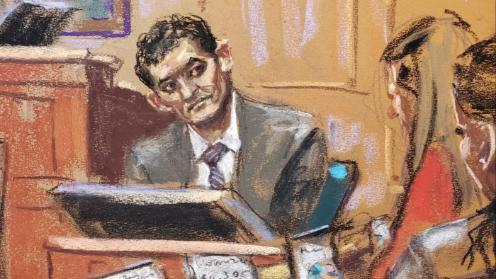 Court sketch of Sam-Bankman Fried (SBF) facing questioning from prosecutors. Source: Reuters