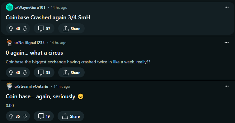 Screenshot of top posts from the r/Coinbase subreddit over the past 24 hours. Source: Reddit