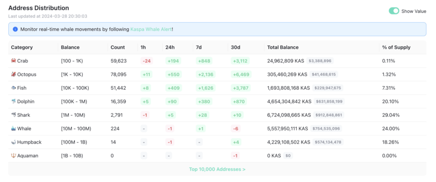 Top KAS wallets and their holdings: Kaspa