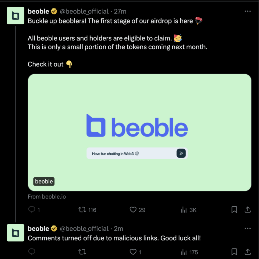 Beoble Official Account Shares Malicious Link