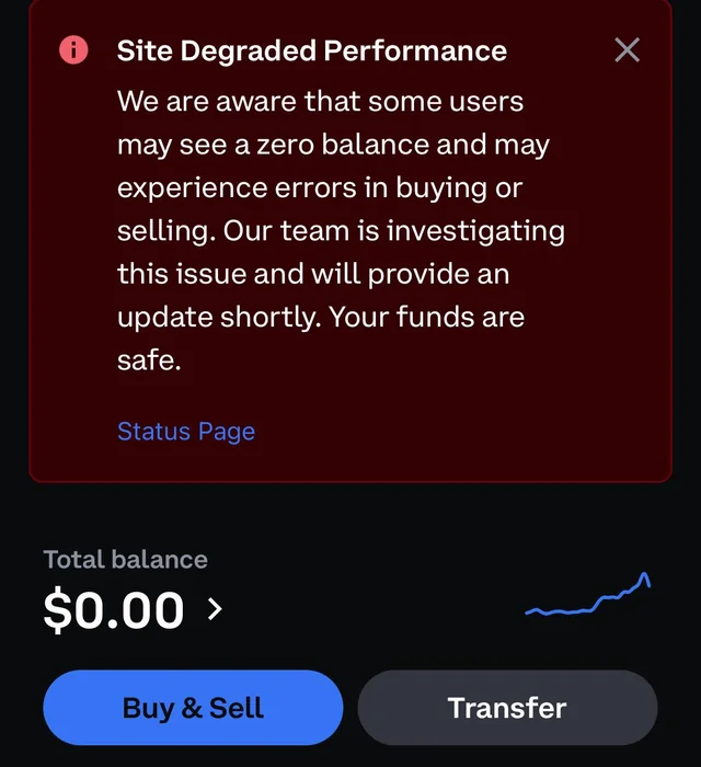 Screenshot showing zero balance and site degradation warning on Coinbase exchange. Source: Reddit